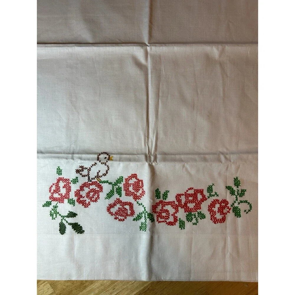 Vintage Cannon Muslin Pillowcases Pair Rose Bird Applique USA Cotton Set 2